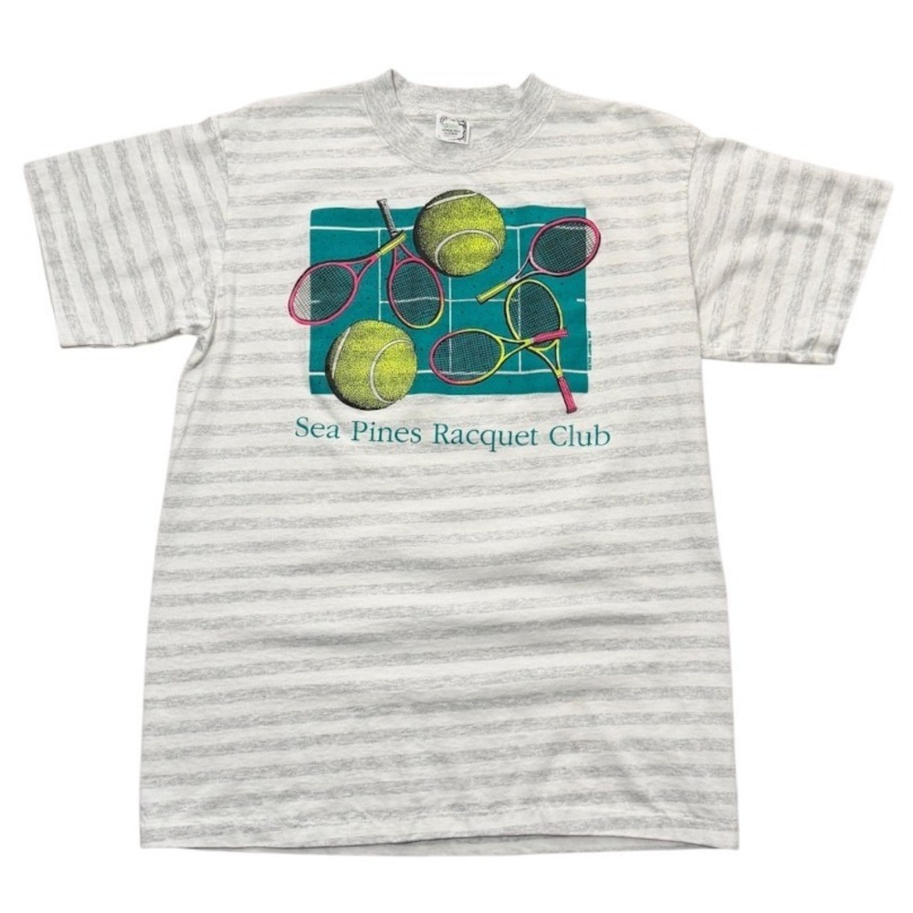 Vintage 90s Sea Pines Racquet Ball Club Tennis Sports Striped Graphic T-shirt